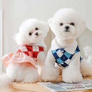 NEW Pet Dog Cat Animal Pink Blue Dog Shirts Outfit Bow Plaid‎ Size Small 2 Count